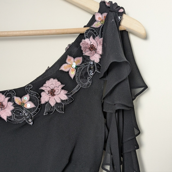 Vintage Cache Black Pink Silk Asymmetrical Floral Beaded Slip Dress - Picture 5 of 12